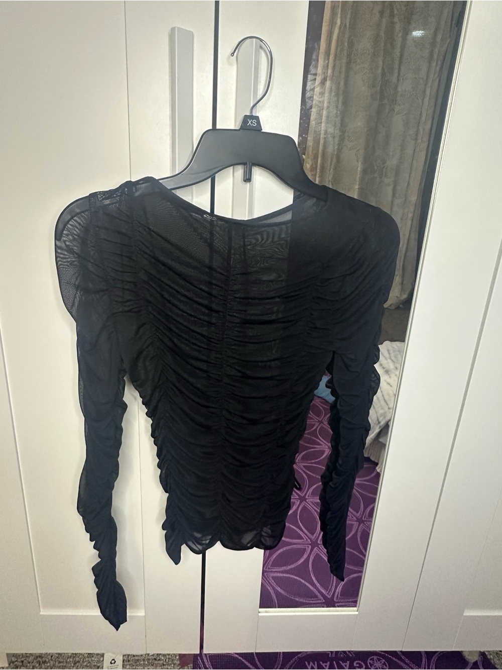 Black Ruched Long-Sleeve Mesh Top - Women